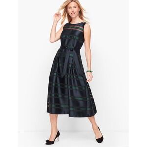 Talbots Sheer Stipe Fit & Flare Petite Sleeveless Midi Dress Navy Green Size 4P